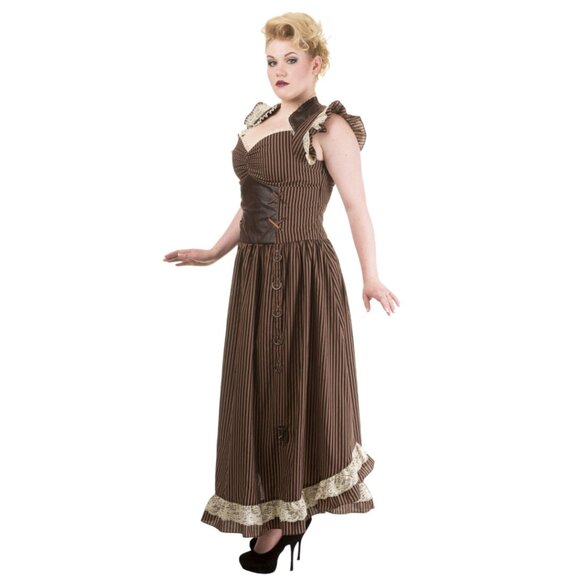 Banned Apparel Brown Long Maxi Black Striped Steampunk Corset Dress - 2XL - Picture 2 of 11